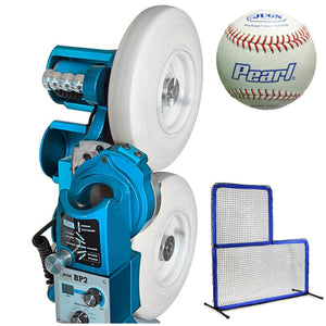 The JUGS BP2-Baseball & Softball Equipment-JUGS-Baseball Pitching Machine-And 1 Dozen Pearl Leather Baseballs-Plus A JUGS Protector Blue Series 7'x7' L-Screen-Unique Sports