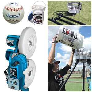 The JUGS BP2-Baseball & Softball Equipment-JUGS-Baseball Pitching Machine With Carousel Feeder-And A Bucket Of 4 Dozen Pearl Leather Baseballs-Unique Sports