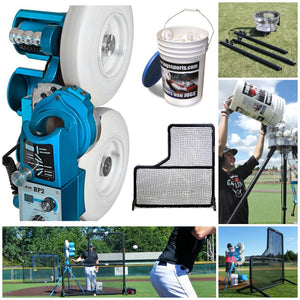 The JUGS BP2-Baseball & Softball Equipment-JUGS-Baseball Pitching Machine With Carousel Feeder-And A Bucket Of 4 Dozen Pearl Leather Baseballs-Plus A JUGS Protector Black Series 7'x7' L-Screen-Unique Sports
