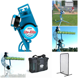 The JUGS Lite-Flite-Baseball & Softball Equipment-JUGS-Light Ball Pitching Machine With Automatic Softball Feeder-And One Dozen 11" Lite-Flite Softballs-Plus A Lite-Flite Protective Screen And A 3-Hour Rechargeable Battery-Unique Sports