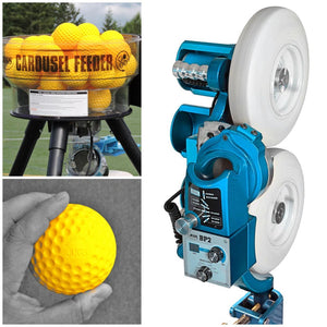 The JUGS BP2-Baseball & Softball Equipment-JUGS-Baseball Pitching Machine With Carousel Feeder-And 1 Dozen Optic Yellow Dimpled Sting-Free Balls-Unique Sports