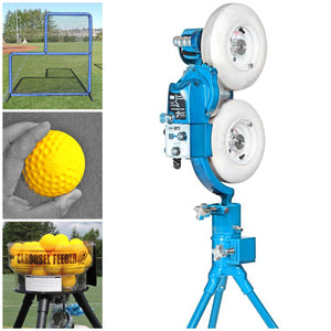 The JUGS BP2-Baseball & Softball Equipment-JUGS-Baseball Pitching Machine With Carousel Feeder-And 1 Dozen Optic Yellow Dimpled Sting-Free Balls-Plus A JUGS Protector Blue Series 7'x7' L-Screen-Unique Sports