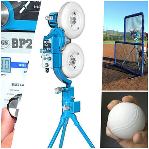 The JUGS BP2-Baseball & Softball Equipment-JUGS-Baseball Pitching Machine-And 1 Dozen White Realistic Seam Sting-Free Balls-Plus A JUGS Protector Blue Series 7'x7' L-Screen-Unique Sports