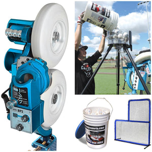 The JUGS BP2-Baseball & Softball Equipment-JUGS-Baseball Pitching Machine With Carousel Feeder-And A Bucket Of 4 Dozen Pearl Leather Baseballs-Plus A JUGS Protector Blue Series 7'x7' L-Screen-Unique Sports