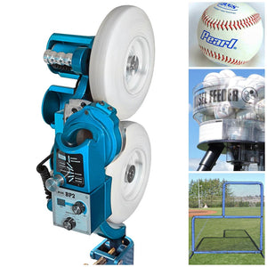The JUGS BP2-Baseball & Softball Equipment-JUGS-Baseball Pitching Machine With Carousel Feeder-And 1 Dozen Pearl Leather Baseballs-Plus A JUGS Protector Blue Series 7'x7' L-Screen-Unique Sports