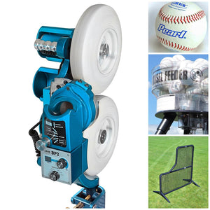 The JUGS BP2-Baseball & Softball Equipment-JUGS-Baseball Pitching Machine With Carousel Feeder-And 1 Dozen Pearl Leather Baseballs-Plus A JUGS Protector Black Series 7'x7' L-Screen-Unique Sports