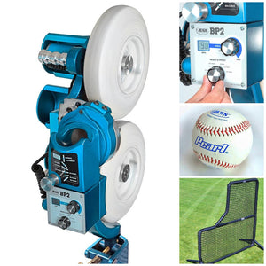 The JUGS BP2-Baseball & Softball Equipment-JUGS-Baseball Pitching Machine-And 1 Dozen Pearl Leather Baseballs-Plus A JUGS Protector Black Series 7'x7' L-Screen-Unique Sports