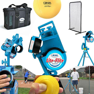 The JUGS Lite-Flite-Baseball & Softball Equipment-JUGS-Light Ball Pitching Machine-And One Dozen Lite-Flite Baseballs-Plus A Lite-Flite Protective Screen And A 3-Hour Rechargeable Battery-Unique Sports