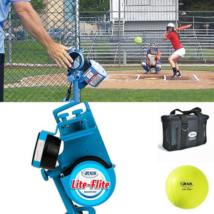 The JUGS Lite-Flite-Baseball & Softball Equipment-JUGS-Light Ball Pitching Machine-And One Dozen 12" Lite-Flite Softballs-Plus A 3-Hour Rechargeable Battery Pack-Unique Sports