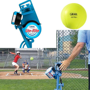 The JUGS Lite-Flite-Baseball & Softball Equipment-JUGS-Light Ball Pitching Machine-And One Dozen 12" Lite-Flite Softballs-Unique Sports