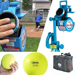 The JUGS Lite-Flite-Baseball & Softball Equipment-JUGS-Light Ball Pitching Machine-And One Dozen 11" Lite-Flite Softballs-Plus A 3-Hour Rechargeable Battery Pack-Unique Sports