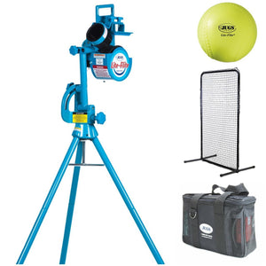 The JUGS Lite-Flite-Baseball & Softball Equipment-JUGS-Light Ball Pitching Machine-And One Dozen 12" Lite-Flite Softballs-Plus A Lite-Flite Protective Screen And A 3-Hour Rechargeable Battery-Unique Sports