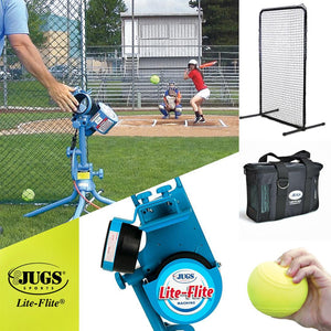 The JUGS Lite-Flite-Baseball & Softball Equipment-JUGS-Light Ball Pitching Machine-And One Dozen 11" Lite-Flite Softballs-Plus A Lite-Flite Protective Screen And A 3-Hour Rechargeable Battery-Unique Sports