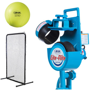 The JUGS Lite-Flite-Baseball & Softball Equipment-JUGS-Light Ball Pitching Machine-And One Dozen 11" Lite-Flite Softballs-Plus A Lite-Flite Protective Screen-Unique Sports