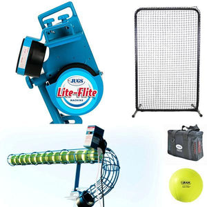 The JUGS Lite-Flite-Baseball & Softball Equipment-JUGS-Light Ball Pitching Machine With Automatic Softball Feeder-And One Dozen 12" Lite-Flite Softballs-Plus A Lite-Flite Protective Screen And A 3-Hour Rechargeable Battery-Unique Sports